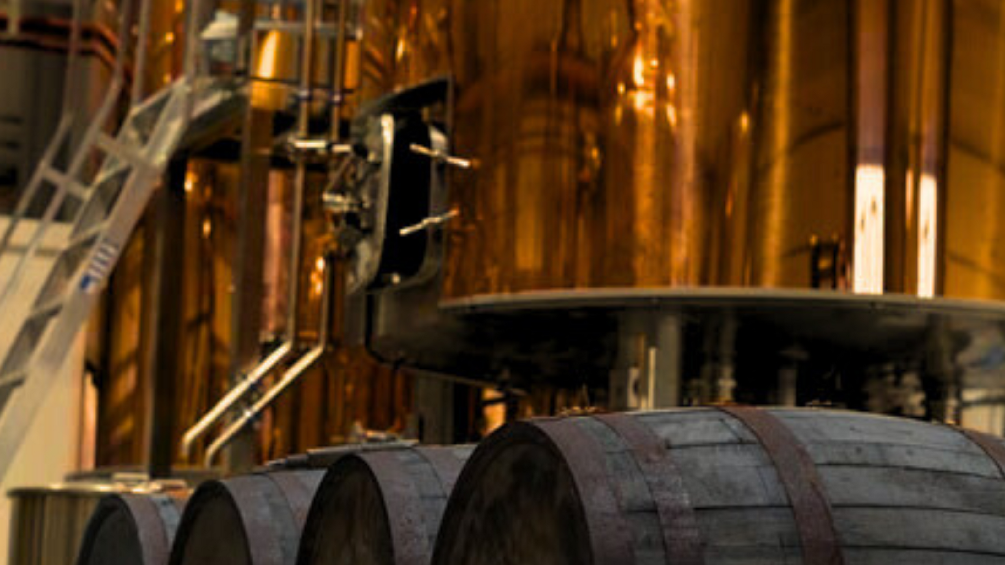 Large copper fermentation tanks and wooden barrels in a brewery interior.