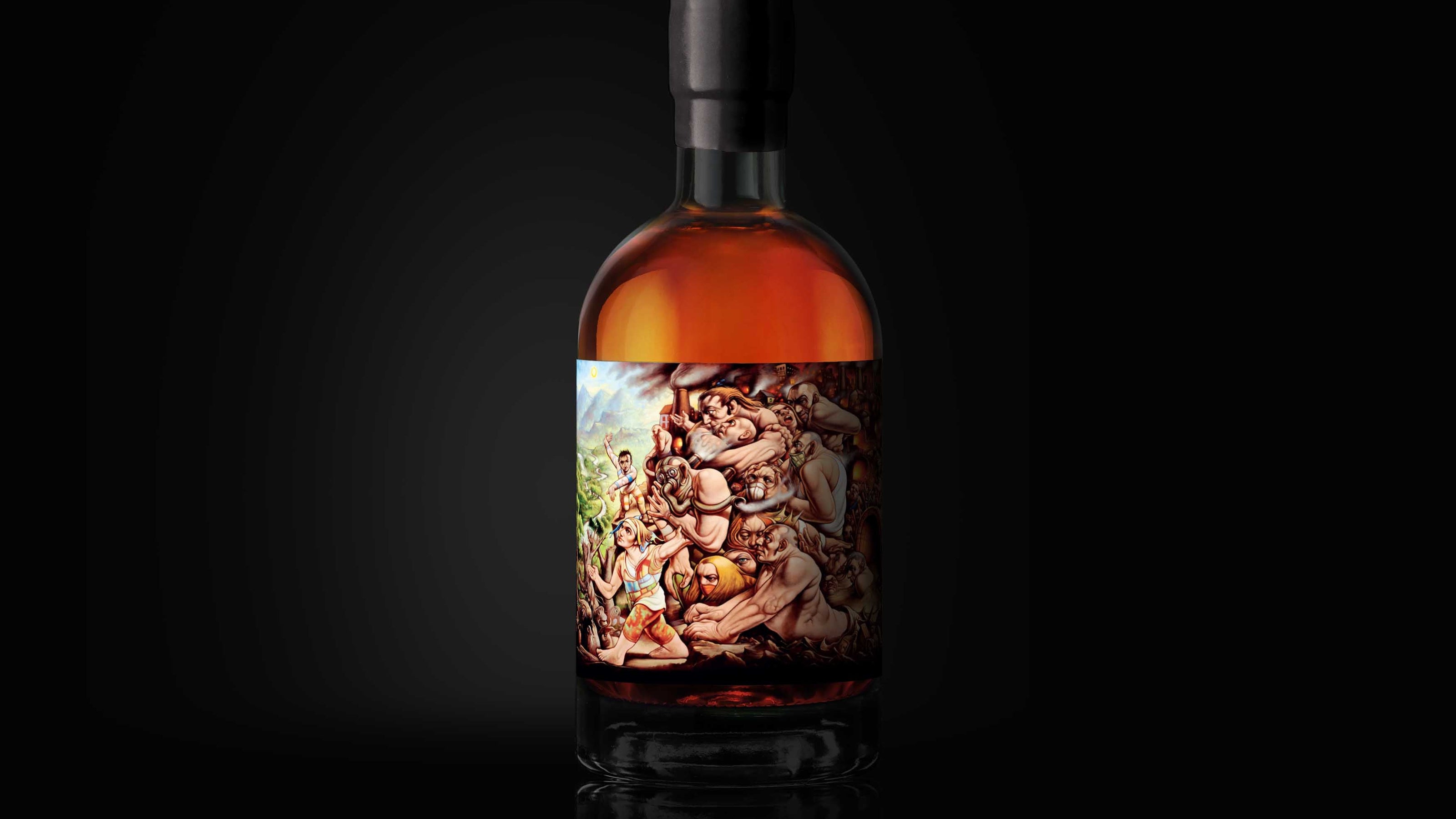 A single bottle of whisky or liquor with amber liquid, a black cap, and a detailed illustrated label, centered against a very dark black background with a faint reflection below.